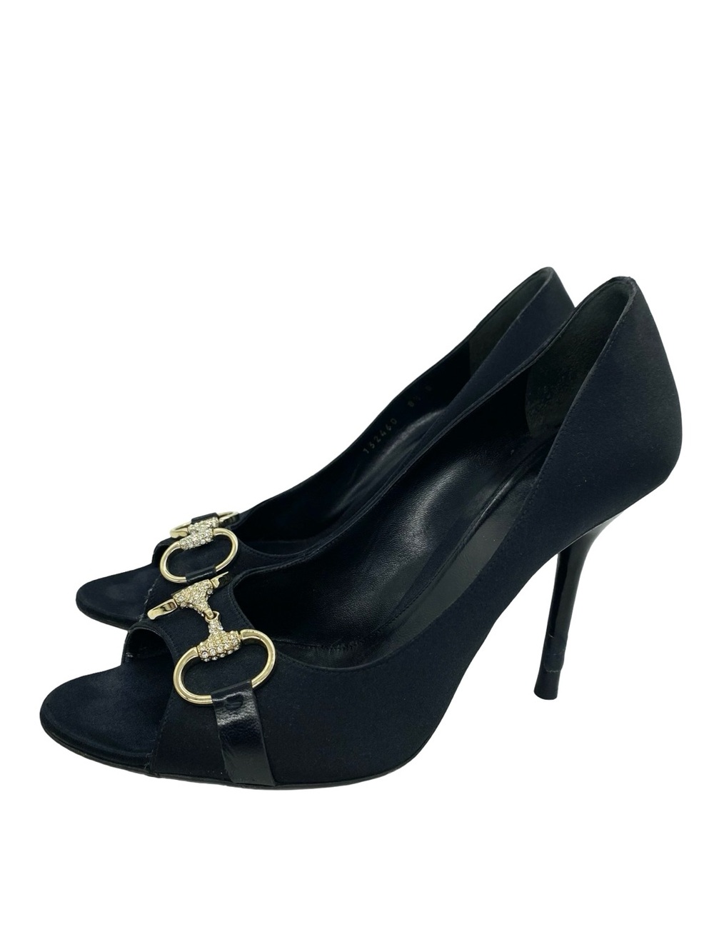 Gucci Black Satin Horsebit Peep Toe Pumps Size 8.5